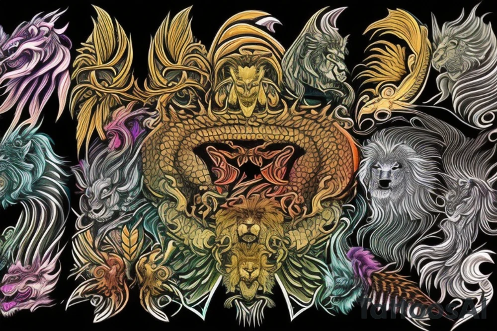 vertically stacked dragon and lion
lions mane
dragon teeth
abstract negative space
divinely illuminated
full colour
wings
dark tattoo idea