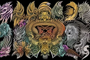 vertically stacked dragon and lion
lions mane
dragon teeth
abstract negative space
divinely illuminated
full colour
wings
dark tattoo idea