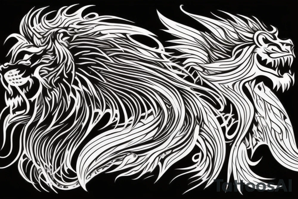 vertically stacked dragon and lion
lions mane
dragon teeth
abstract negative space
divinely illuminated
full colour
wings
dark tattoo idea
