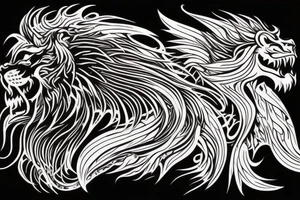 vertically stacked dragon and lion
lions mane
dragon teeth
abstract negative space
divinely illuminated
full colour
wings
dark tattoo idea