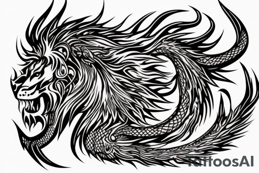 tottem
dragon and lion
lions mane
dragon teeth
abstract negative space
divinely illuminated
full colour
wings
dark tattoo idea