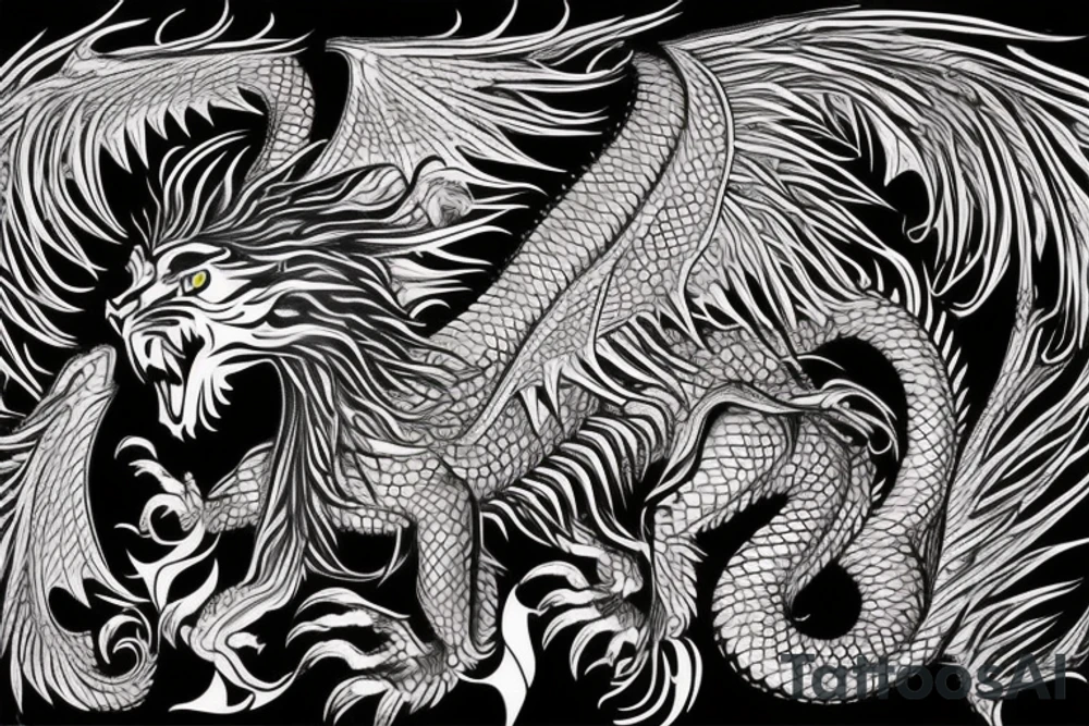 tottem
dragon and lion
lions mane
dragon teeth
abstract negative space
divinely illuminated
full colour
wings
dark tattoo idea