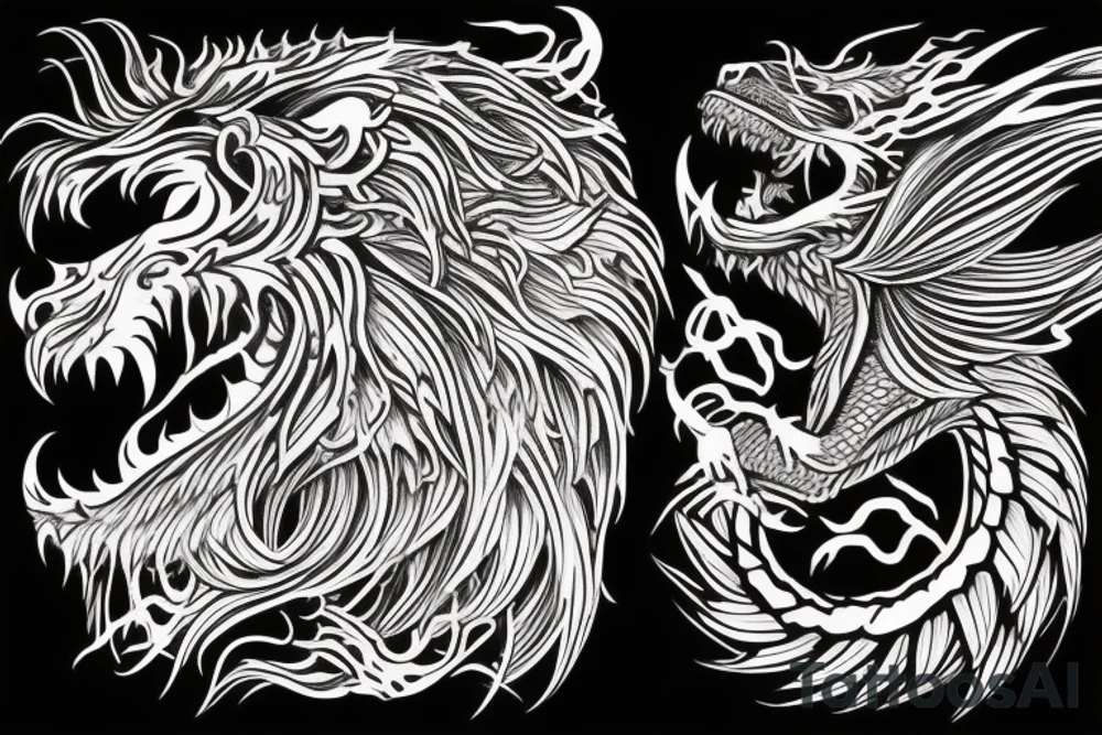 tottem
dragon and lion
lions mane
dragon teeth
abstract negative space
divinely illuminated
full colour
wings
dark tattoo idea