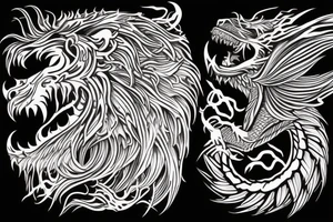 tottem
dragon and lion
lions mane
dragon teeth
abstract negative space
divinely illuminated
full colour
wings
dark tattoo idea