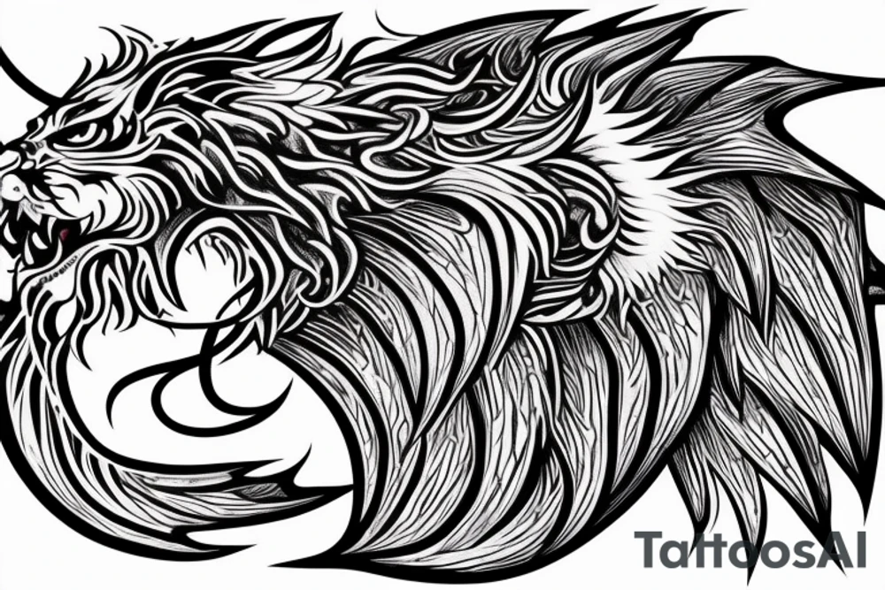 tottem
dragon and lion
lions mane
dragon teeth
abstract negative space
divinely illuminated
full colour
wings
dark tattoo idea