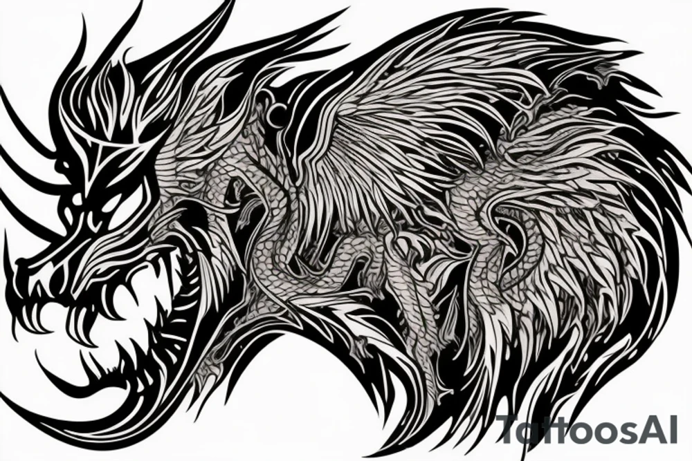 tottem
dragon and lion
lions mane
dragon teeth
abstract negative space
divinely illuminated
full colour
wings
dark tattoo idea