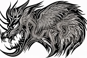 tottem
dragon and lion
lions mane
dragon teeth
abstract negative space
divinely illuminated
full colour
wings
dark tattoo idea