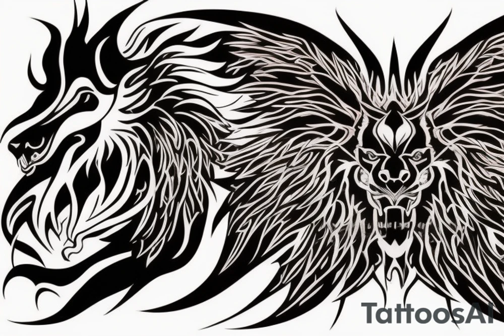 tottem
dragon and lion
lions mane
dragon teeth
abstract negative space
divinely illuminated
full colour
wings
dark tattoo idea