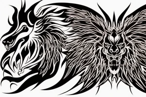 tottem
dragon and lion
lions mane
dragon teeth
abstract negative space
divinely illuminated
full colour
wings
dark tattoo idea