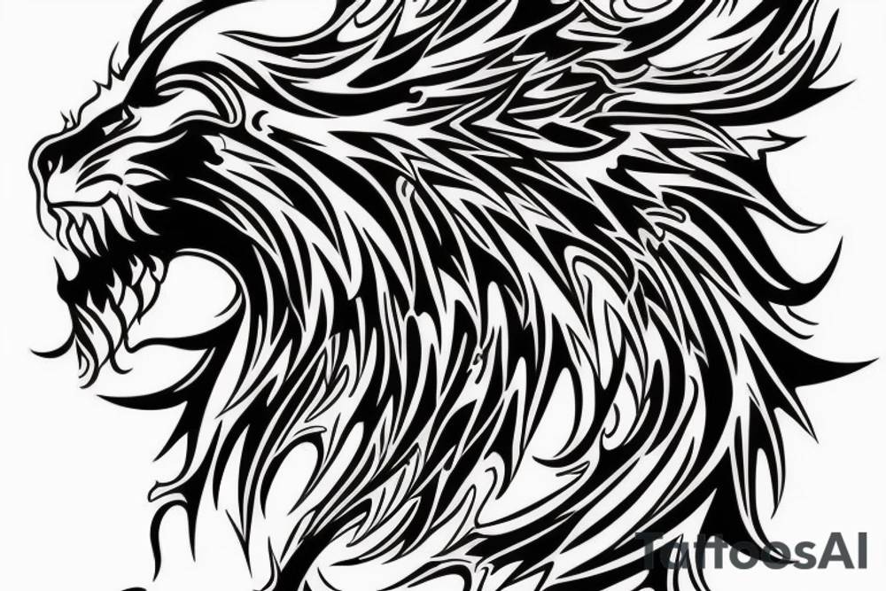 tottem
dragon and lion
lions mane
dragon teeth
abstract negative space
divinely illuminated
full colour
wings
dark tattoo idea