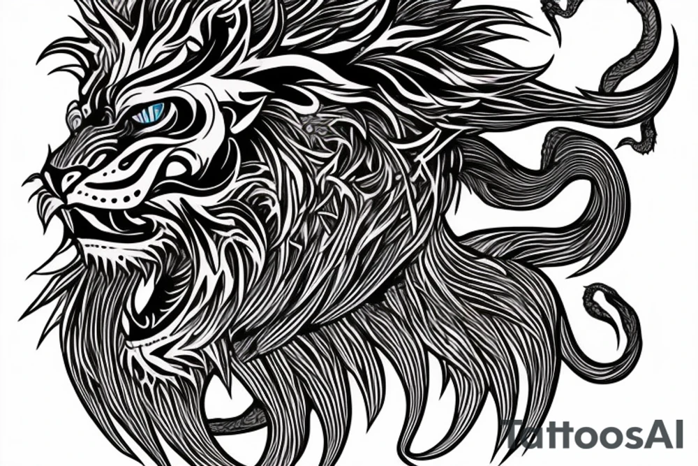 tottem pole shape
dragon and lion
lions mane
dragon teeth
abstract negative space
divinely illuminated
full colour
wings
dark tattoo idea