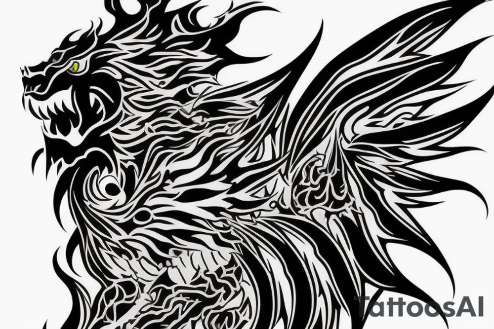 tottem pole shape
dragon and lion
lions mane
dragon teeth
abstract negative space
divinely illuminated
full colour
wings
dark tattoo idea
