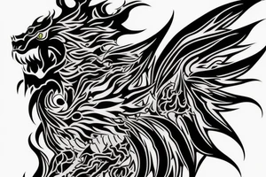 tottem pole shape
dragon and lion
lions mane
dragon teeth
abstract negative space
divinely illuminated
full colour
wings
dark tattoo idea