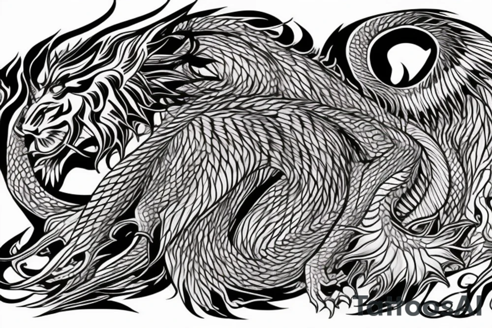 tottem pole shape
dragon and lion
lions mane
dragon teeth
abstract negative space
divinely illuminated
full colour
wings
dark tattoo idea