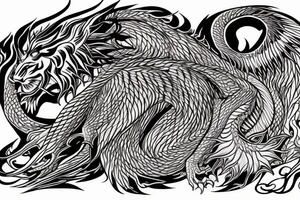 tottem pole shape
dragon and lion
lions mane
dragon teeth
abstract negative space
divinely illuminated
full colour
wings
dark tattoo idea
