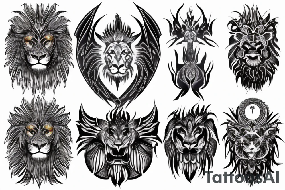 tottem pole shape
dragon and lion
lions mane
dragon teeth
abstract negative space
divinely illuminated
full colour
wings
dark tattoo idea