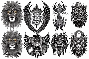 tottem pole shape
dragon and lion
lions mane
dragon teeth
abstract negative space
divinely illuminated
full colour
wings
dark tattoo idea