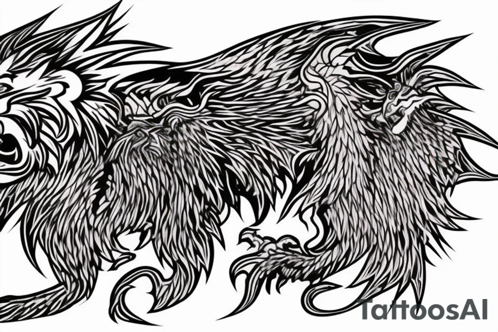tottem pole shape
dragon and lion
lions mane
dragon teeth
abstract negative space
divinely illuminated
full colour
wings
dark tattoo idea