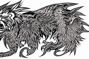 tottem pole shape
dragon and lion
lions mane
dragon teeth
abstract negative space
divinely illuminated
full colour
wings
dark tattoo idea