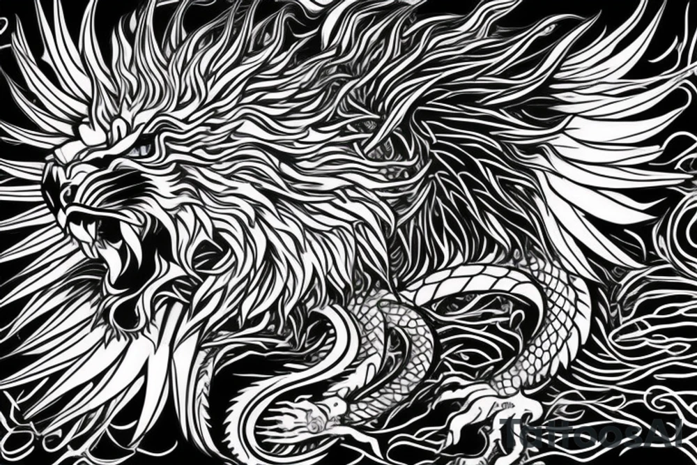 tottem pole shape
dragon and lion
lions mane
dragon teeth
abstract negative space
divinely illuminated
full colour
wings
dark tattoo idea