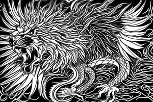 tottem pole shape
dragon and lion
lions mane
dragon teeth
abstract negative space
divinely illuminated
full colour
wings
dark tattoo idea