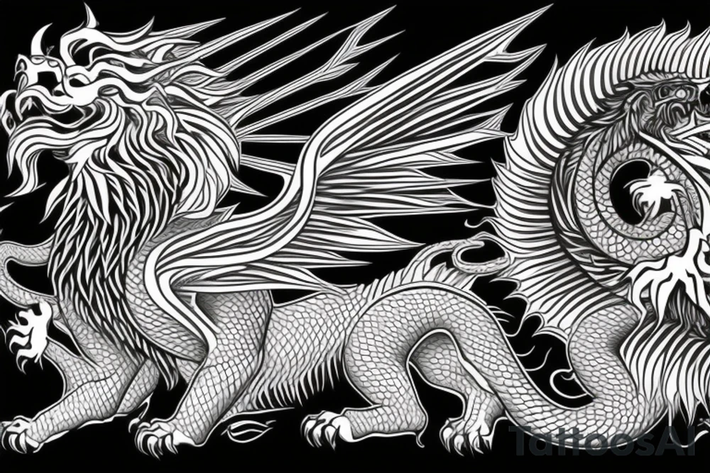 tottem pole shape
dragon and lion
lions mane
dragon teeth
abstract negative space
divinely illuminated
full colour
wings
dark tattoo idea