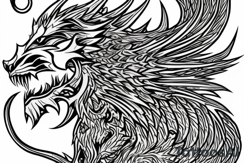 tottem pole shape
dragon and lion
lions mane
dragon teeth
abstract negative space
divinely illuminated
full colour
wings
dark tattoo idea