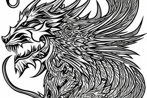 tottem pole shape
dragon and lion
lions mane
dragon teeth
abstract negative space
divinely illuminated
full colour
wings
dark tattoo idea