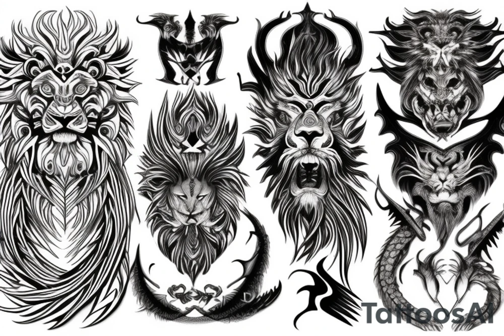 tottem pole shape
dragon and lion
lions mane
dragon teeth
abstract negative space
divinely illuminated
full colour
wings
dark tattoo idea