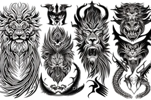 tottem pole shape
dragon and lion
lions mane
dragon teeth
abstract negative space
divinely illuminated
full colour
wings
dark tattoo idea