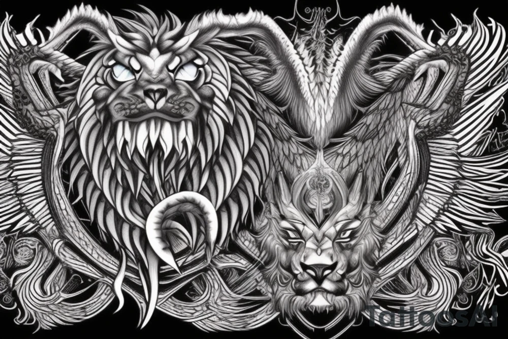 tottem pole shape
dragon and lion
lions mane
dragon teeth
abstract negative space
divinely illuminated
full colour
wings
dark tattoo idea