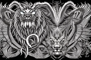 tottem pole shape
dragon and lion
lions mane
dragon teeth
abstract negative space
divinely illuminated
full colour
wings
dark tattoo idea