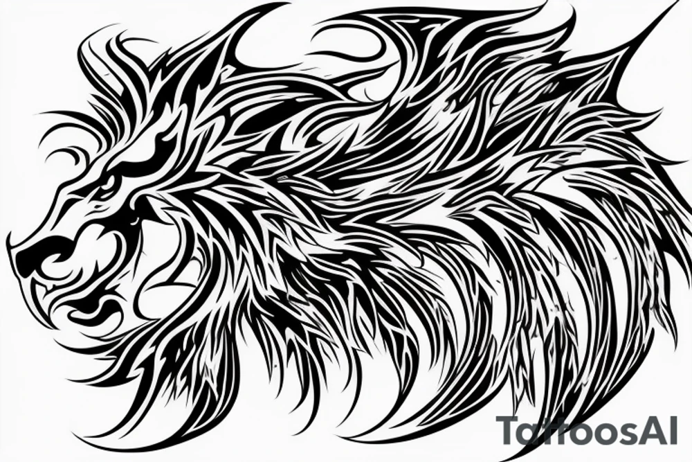 tottem pole shape
dragon and lion
lions mane
dragon teeth
abstract negative space
divinely illuminated
full colour
wings
dark tattoo idea