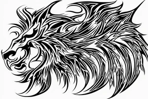 tottem pole shape
dragon and lion
lions mane
dragon teeth
abstract negative space
divinely illuminated
full colour
wings
dark tattoo idea