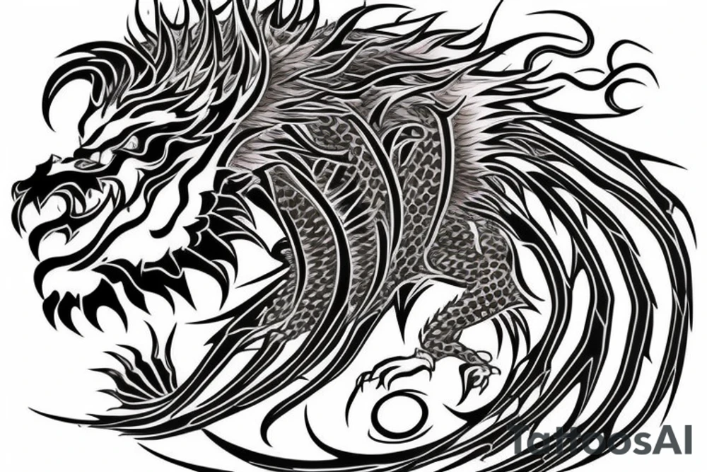 tottem pole shape
dragon and lion
lions mane
dragon teeth
abstract negative space
divinely illuminated
full colour
wings
dark tattoo idea