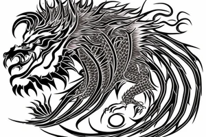 tottem pole shape
dragon and lion
lions mane
dragon teeth
abstract negative space
divinely illuminated
full colour
wings
dark tattoo idea