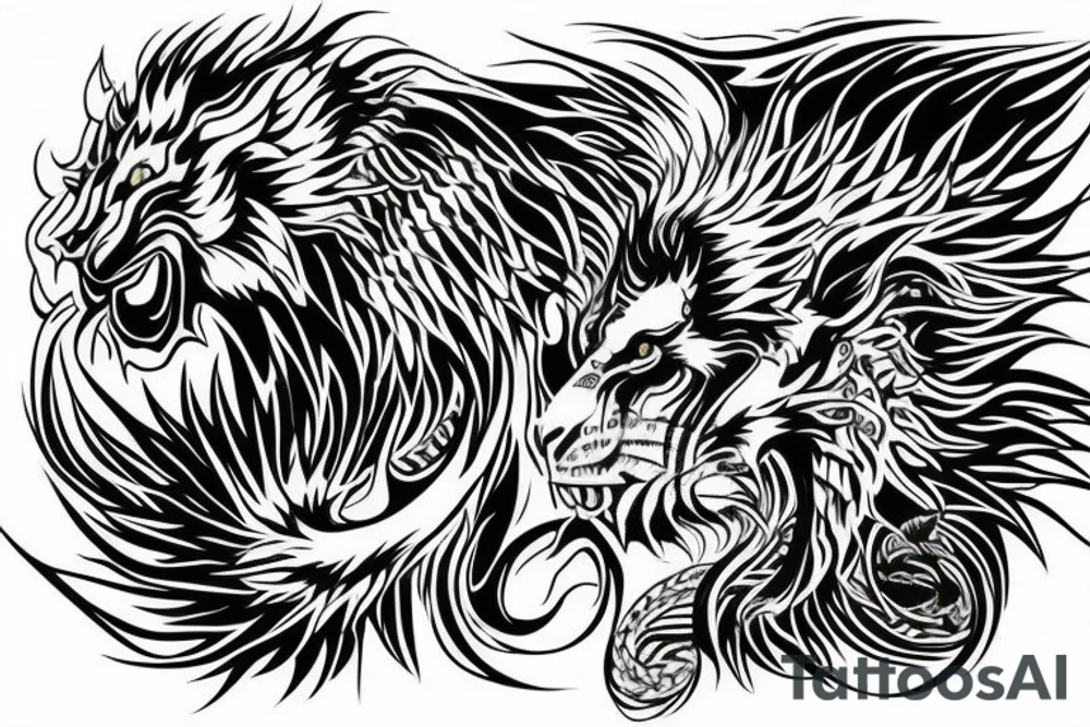 tottem pole shape
dragon and lion
lions mane
dragon teeth
abstract negative space
divinely illuminated
full colour
wings
dark tattoo idea