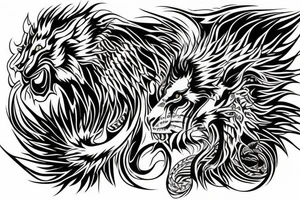 tottem pole shape
dragon and lion
lions mane
dragon teeth
abstract negative space
divinely illuminated
full colour
wings
dark tattoo idea