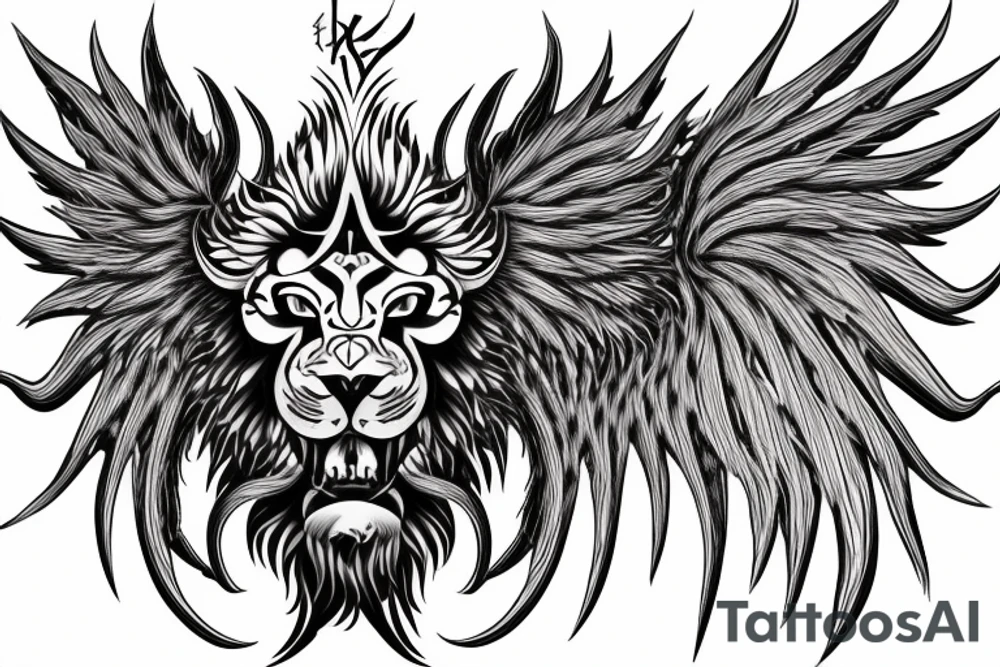 tottem pole shape
dragon and lion
lions mane
dragon teeth
abstract negative space
divinely illuminated
full colour
wings
dark tattoo idea