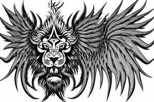 tottem pole shape
dragon and lion
lions mane
dragon teeth
abstract negative space
divinely illuminated
full colour
wings
dark tattoo idea