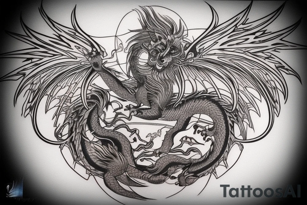 tottem pole shape
dragon and lion
lions mane
dragon teeth
abstract negative space
divinely illuminated
full colour
wings
dark tattoo idea