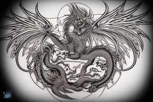 tottem pole shape
dragon and lion
lions mane
dragon teeth
abstract negative space
divinely illuminated
full colour
wings
dark tattoo idea