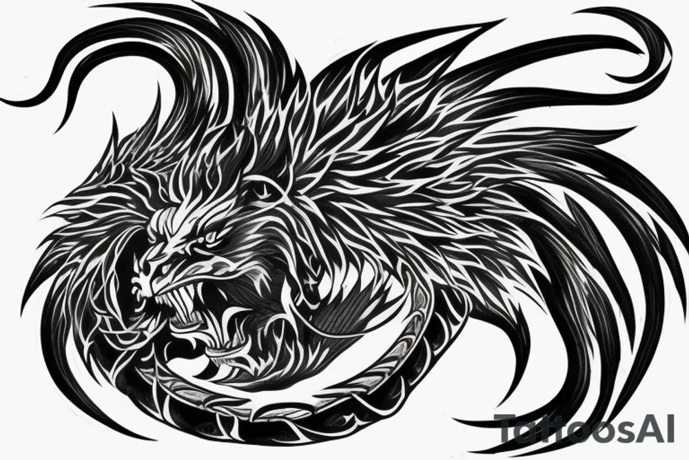 tottem pole shape
dragon and lion
lions mane
dragon teeth
abstract negative space
divinely illuminated
full colour
wings
dark tattoo idea