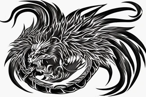 tottem pole shape
dragon and lion
lions mane
dragon teeth
abstract negative space
divinely illuminated
full colour
wings
dark tattoo idea