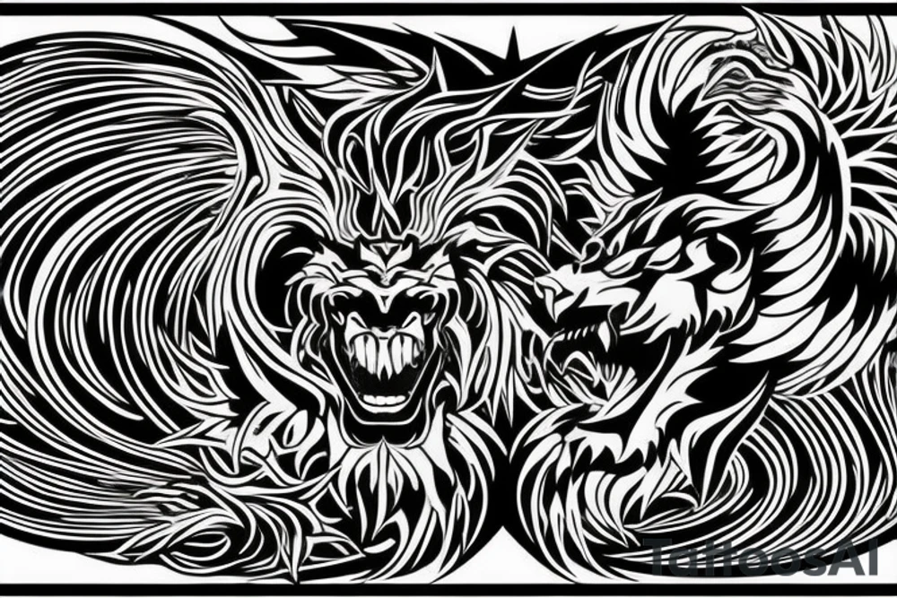 tottem pole shape
dragon and lion
lions mane
dragon teeth
abstract negative space
divinely illuminated
full colour
wings
dark tattoo idea