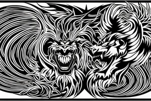 tottem pole shape
dragon and lion
lions mane
dragon teeth
abstract negative space
divinely illuminated
full colour
wings
dark tattoo idea