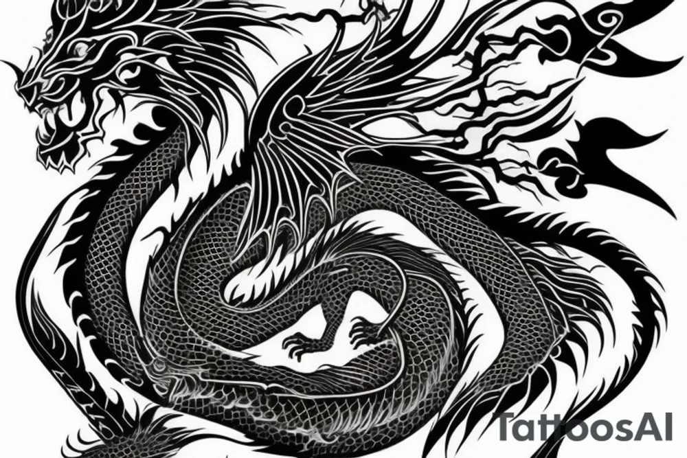 tottem pole shape
dragon and lion
lions mane
dragon teeth
abstract negative space
divinely illuminated
full colour
wings
dark tattoo idea