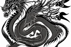 tottem pole shape
dragon and lion
lions mane
dragon teeth
abstract negative space
divinely illuminated
full colour
wings
dark tattoo idea