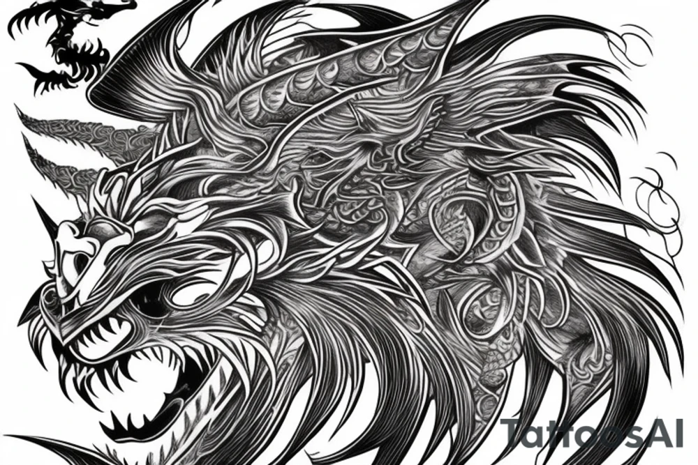 tottem pole shape
dragon and lion
lions mane
dragon teeth
abstract negative space
divinely illuminated
full colour
wings
dark tattoo idea