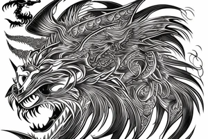 tottem pole shape
dragon and lion
lions mane
dragon teeth
abstract negative space
divinely illuminated
full colour
wings
dark tattoo idea